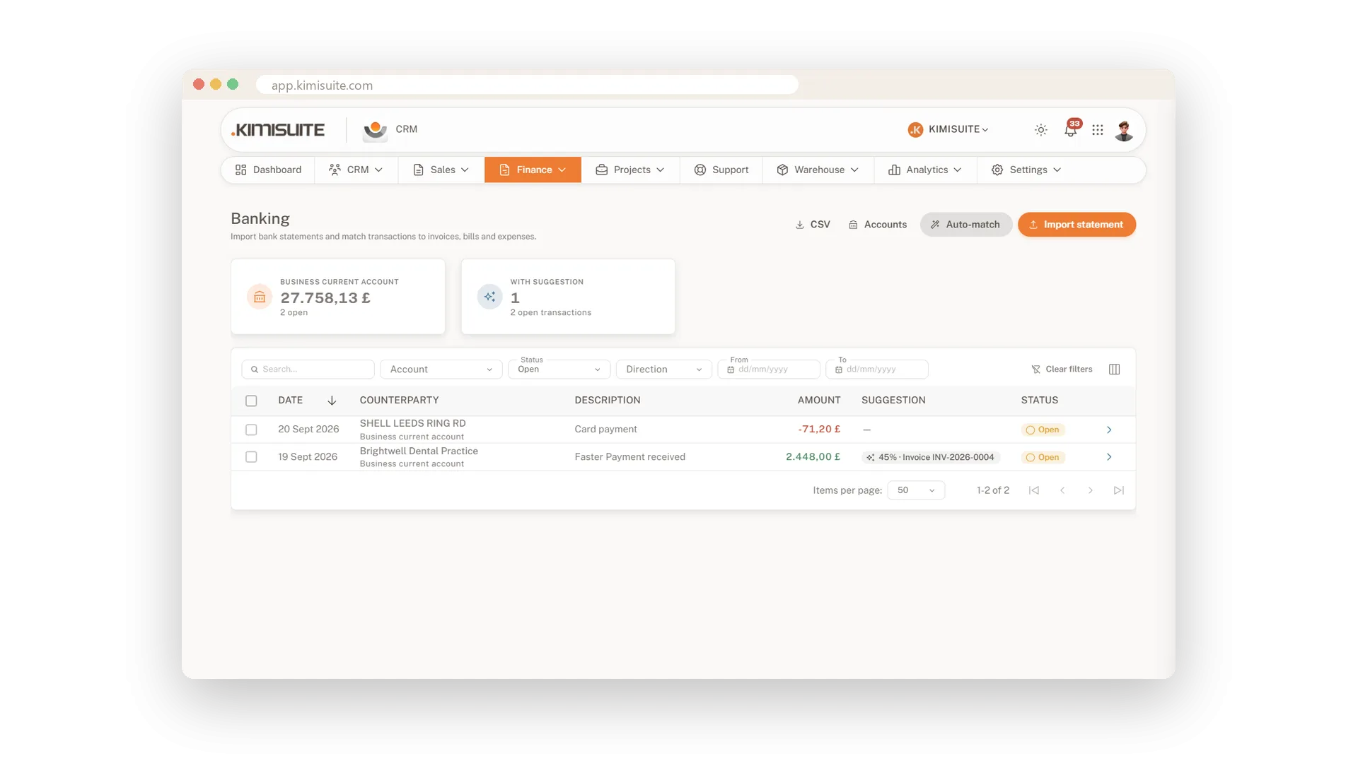 Bank statements matched in one click