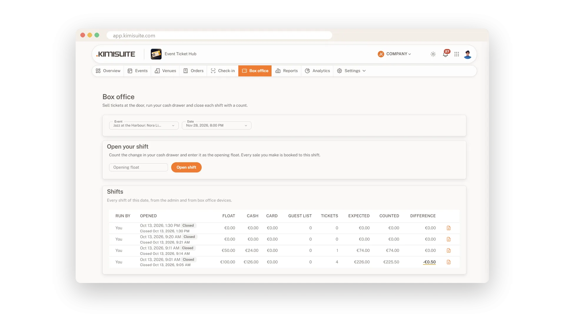 Screenshot: Box office with cash shifts