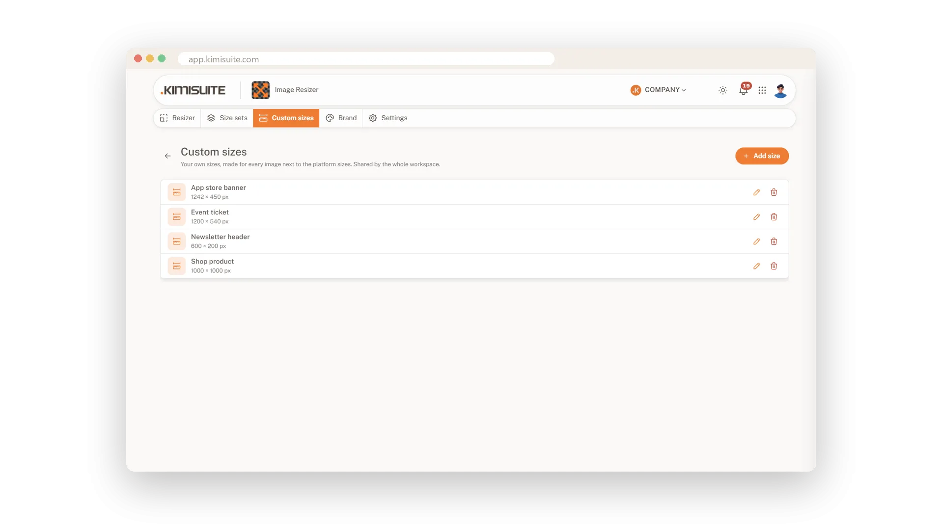 Screenshot: Your own sizes and size sets