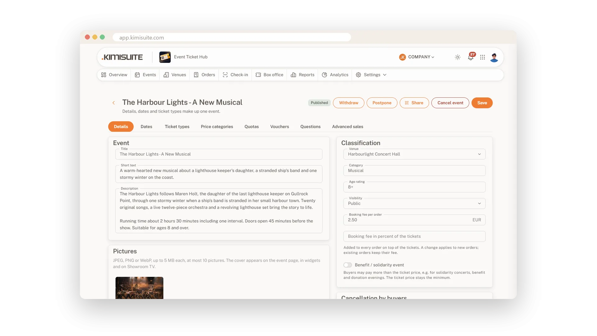 Event pages with pictures and details