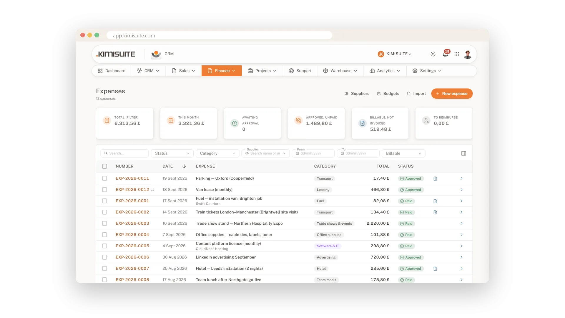 Screenshot: Expenses, suppliers and bills