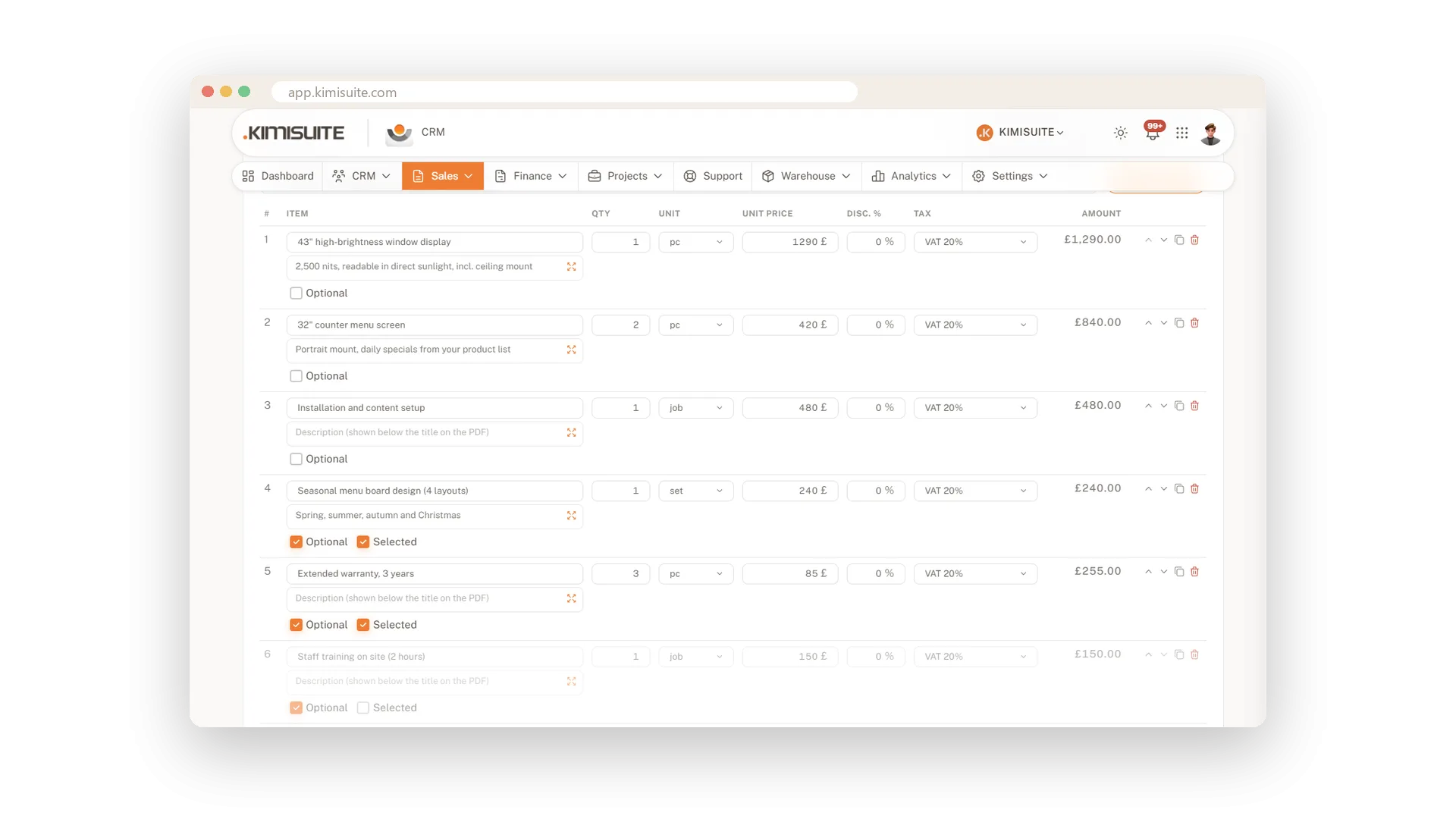 Extras your customer can add