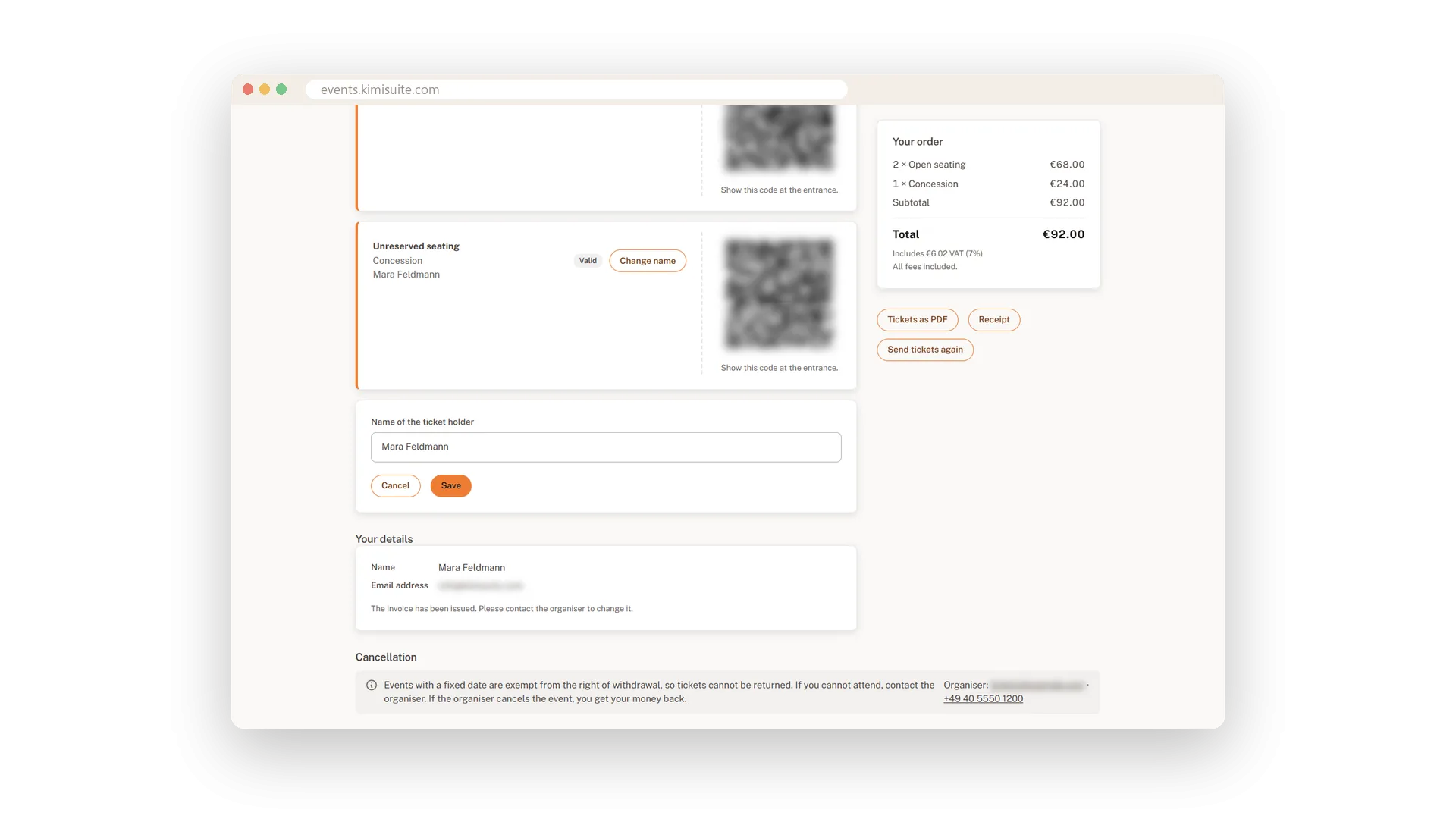 Personalised tickets with name changes