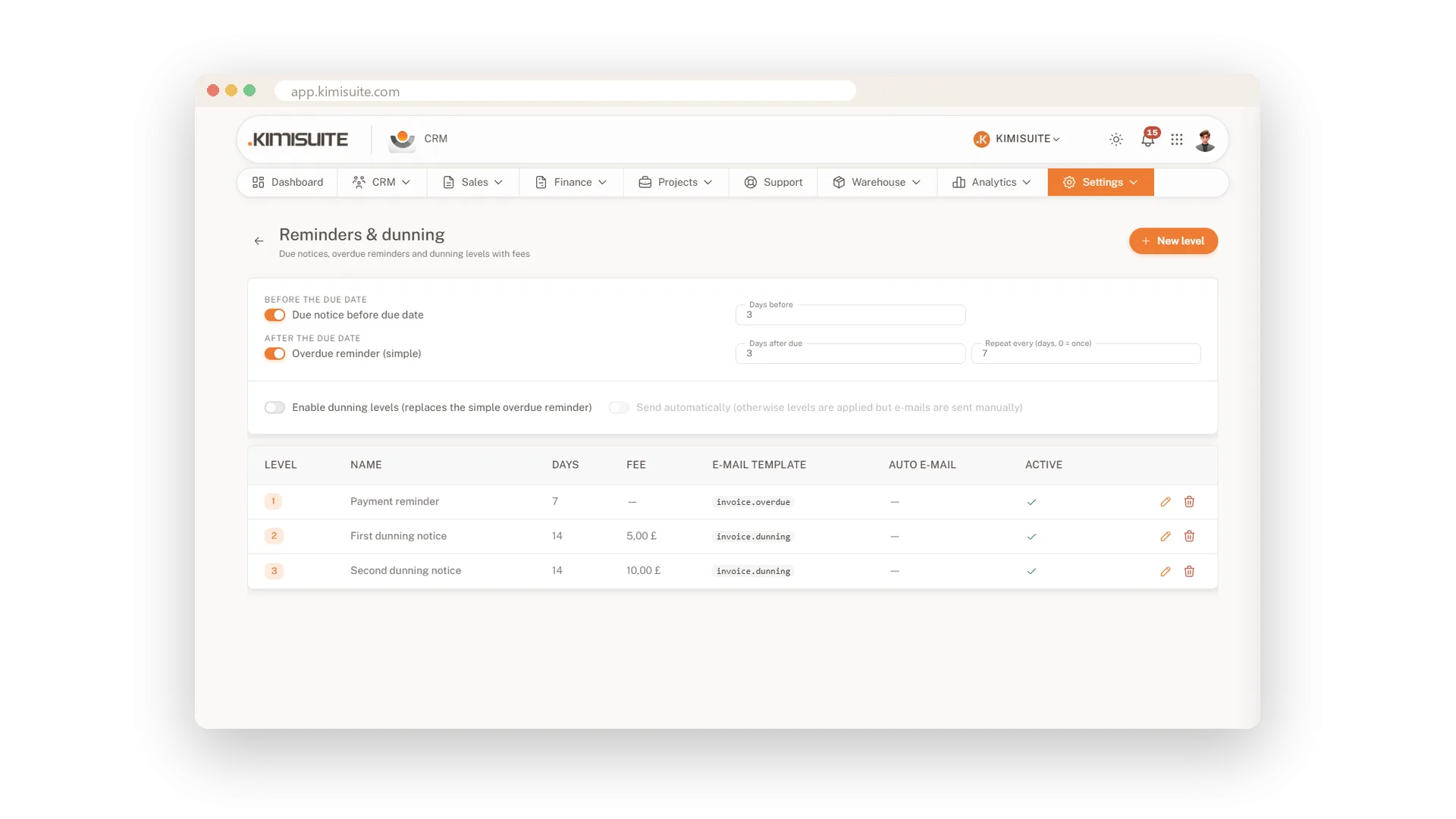 Payment reminders and dunning levels