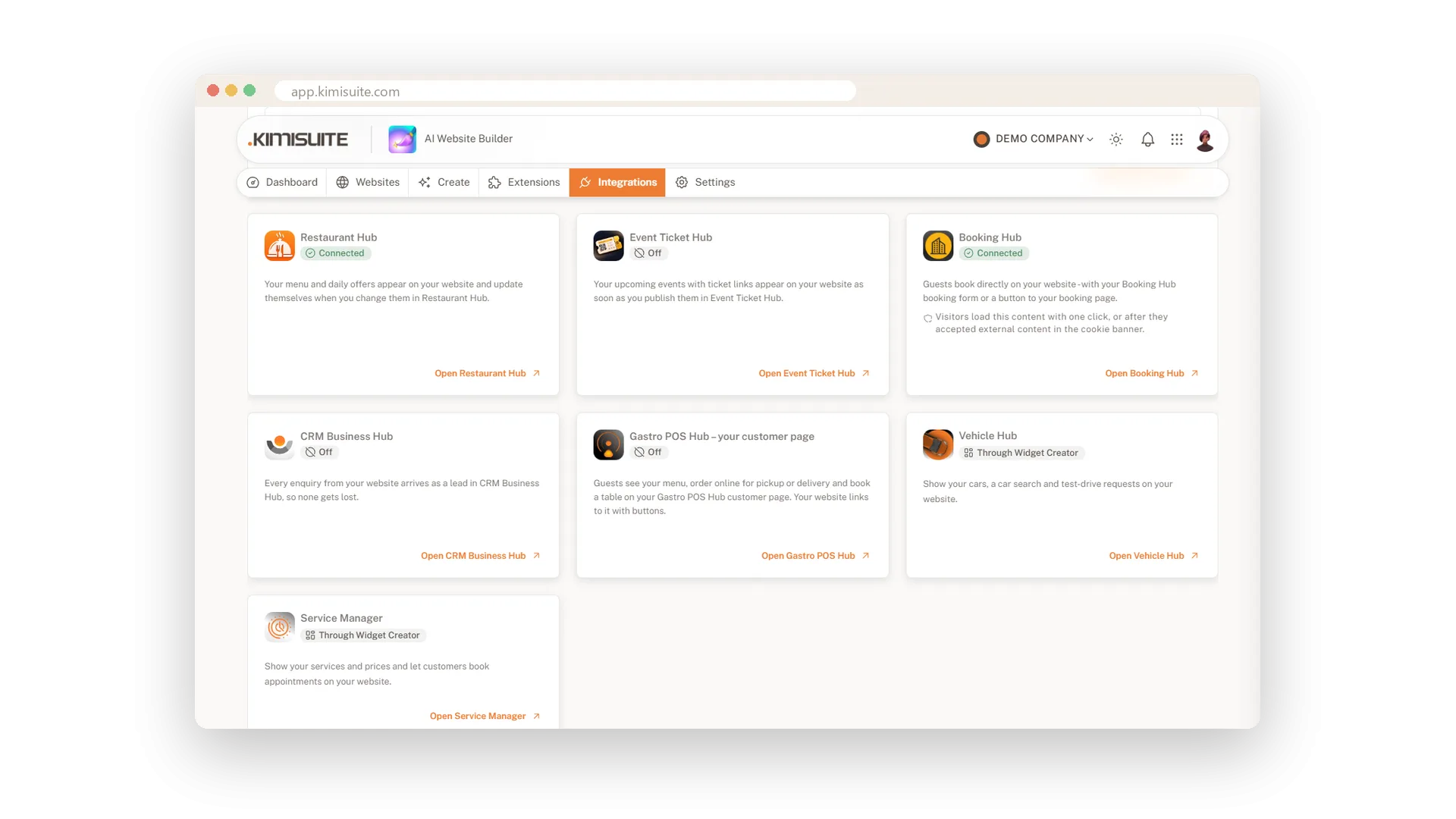 Captura de pantalla: Tus aplicaciones KIMISUITE en tu sitio web